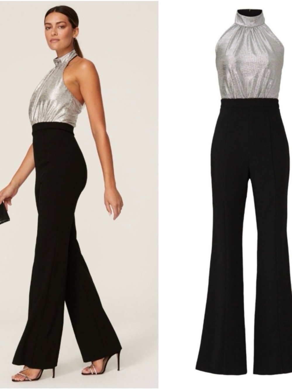Black Halo Silver Halter Top Black Flare Jumpsuit